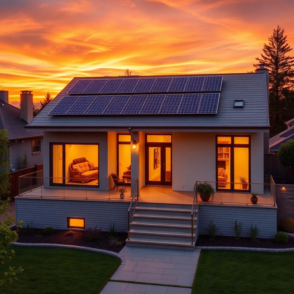 Beautiful home with solar panels at sunset