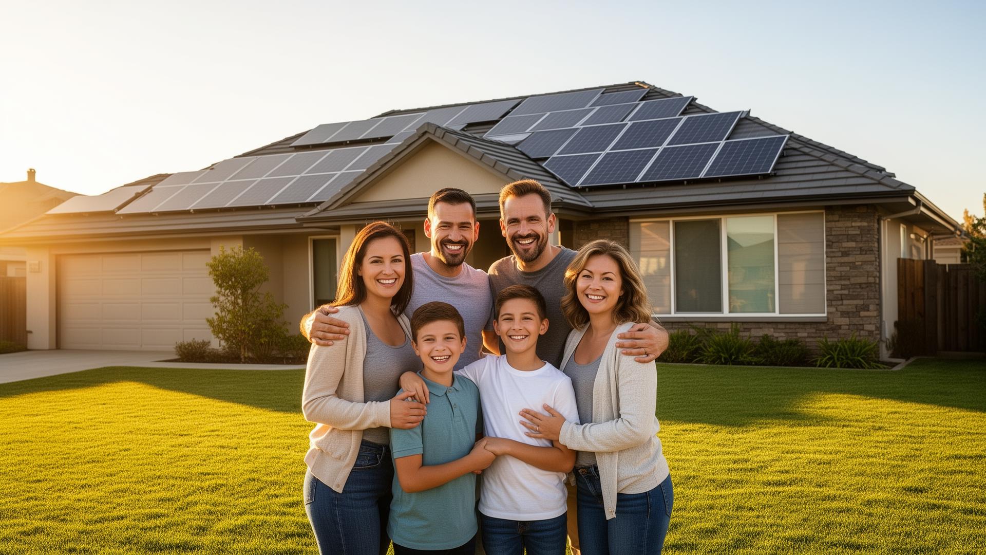 Happy family with solar-powered home